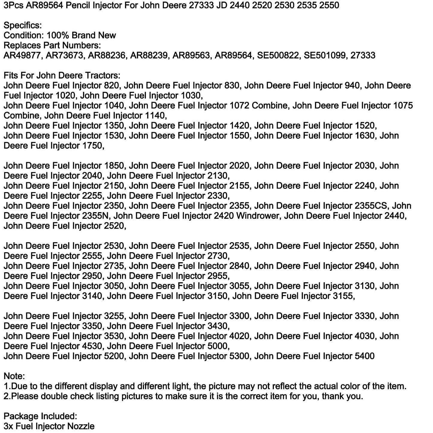 AR89564 For John Deere Pencil Injectors Tractor 27333 1520 1530 2020 2030, 3Pcs