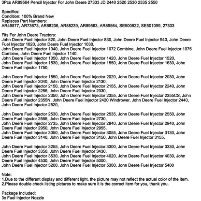 AR89564 For John Deere Pencil Injectors Tractor 27333 1520 1530 2020 2030, 3Pcs