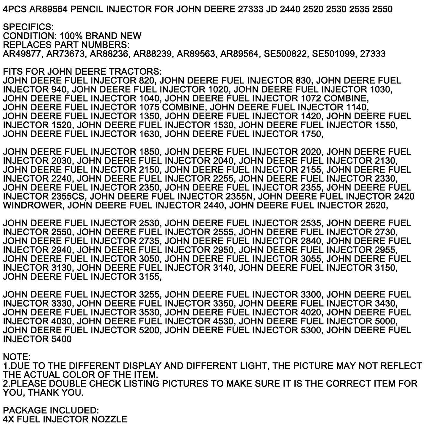 AR89564 For John Deere Pencil Injectors Tractor 27333 1520 1530 2020 2030, 4Pcs