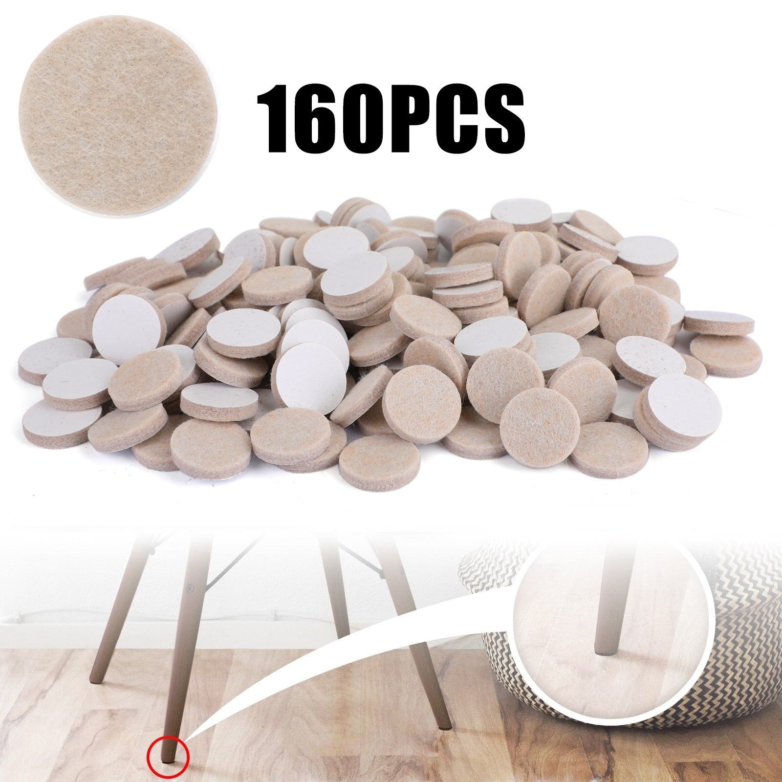 Beige Self-Stick Furniture Felt Pads 1 inch for Hard Surfaces 160 pieces one