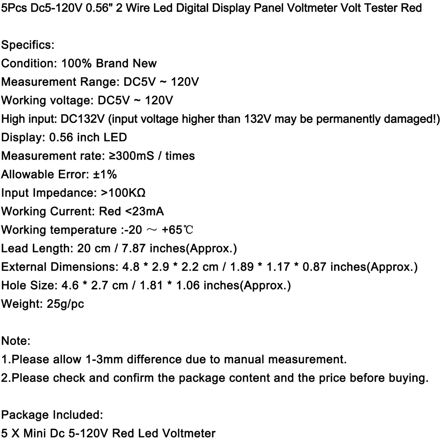 5Pcs Dc5-120V 0.56" 2 Wire Led Digital Display Panel Voltmeter Volt Tester, Red