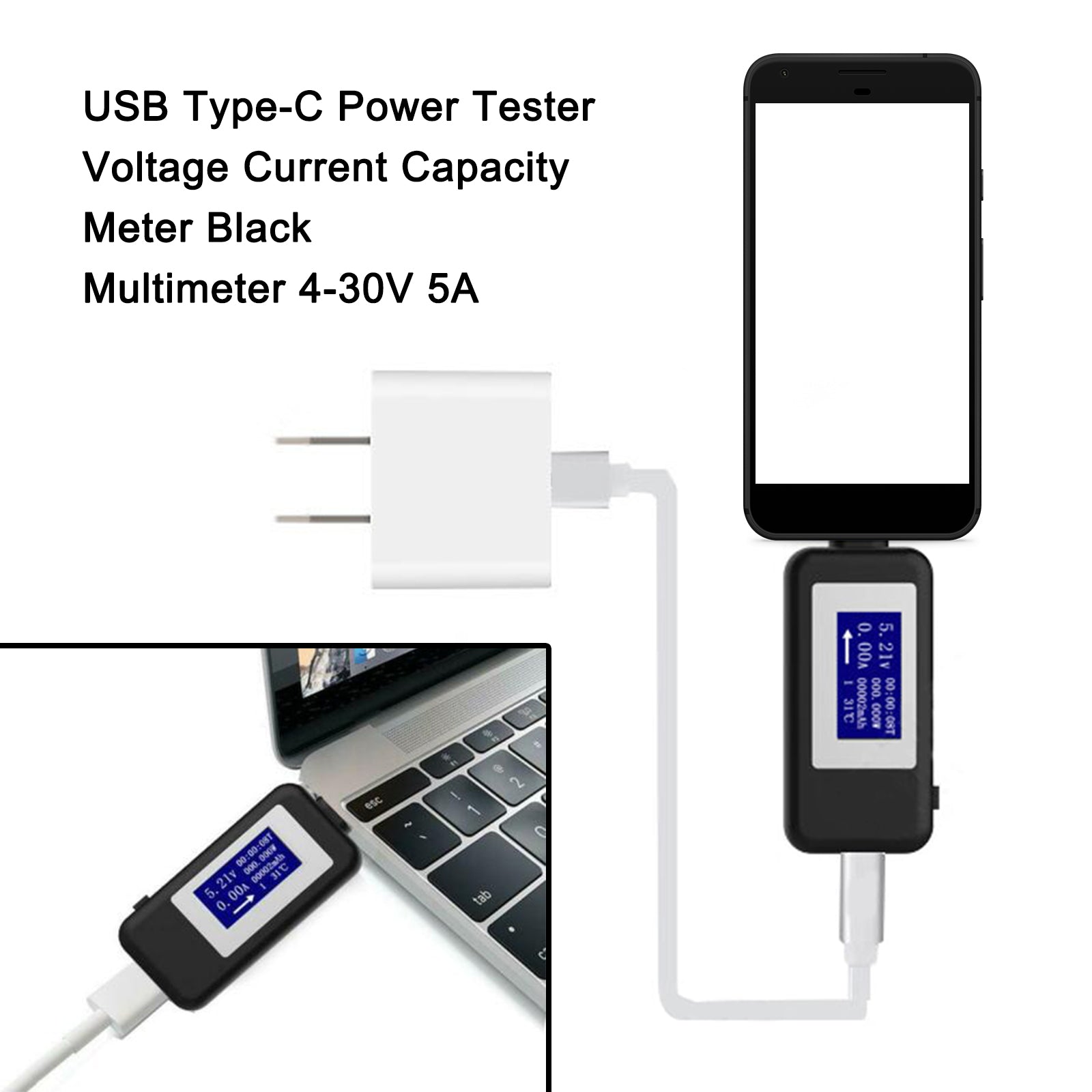 USB Tester Type C LCD Current Voltage Charger Capacity Monitor Power Time Meter, Black