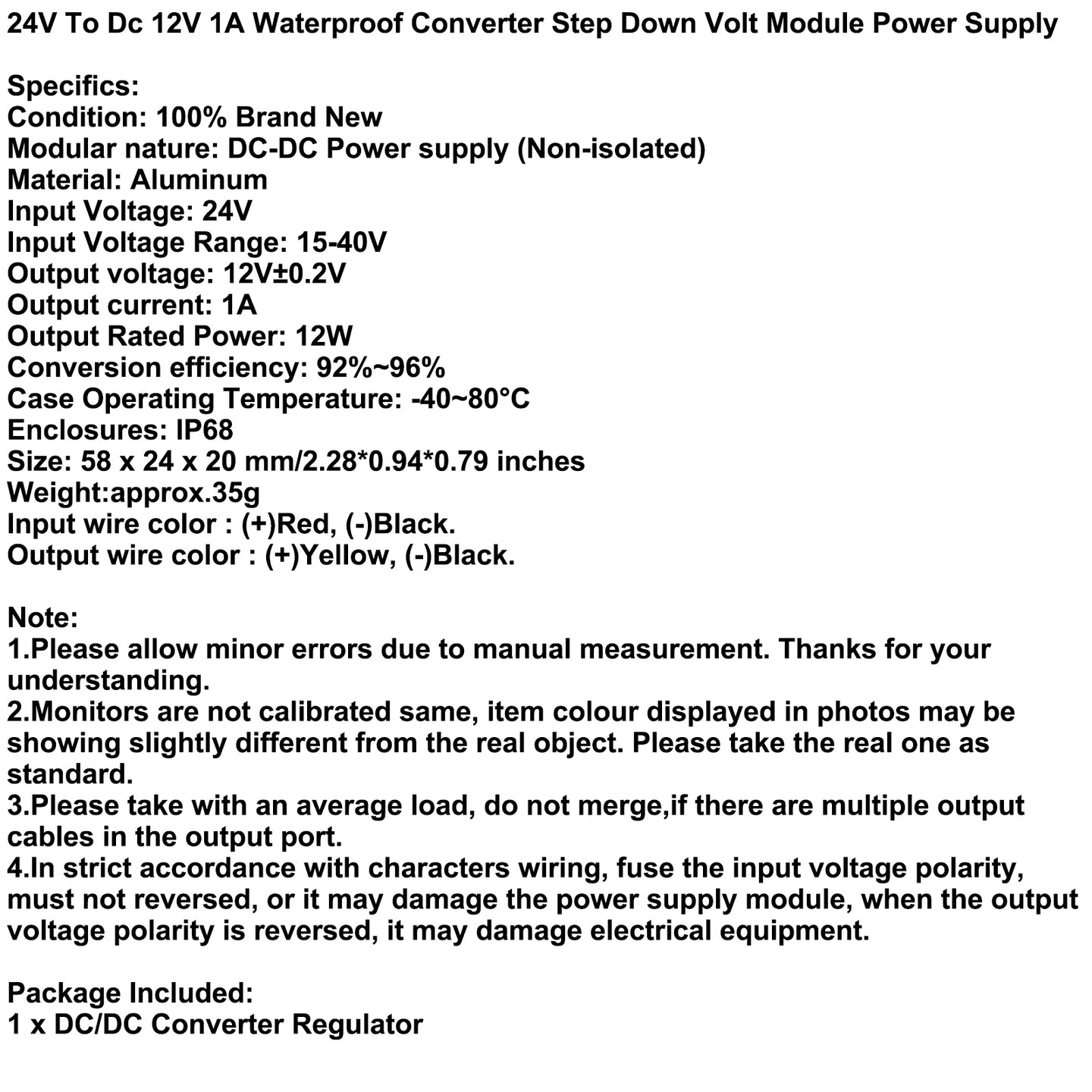 DC Buck Converter 24V to 12V 1/2/3/5A Waterproof Power Supply Module, 24V-12V-1A