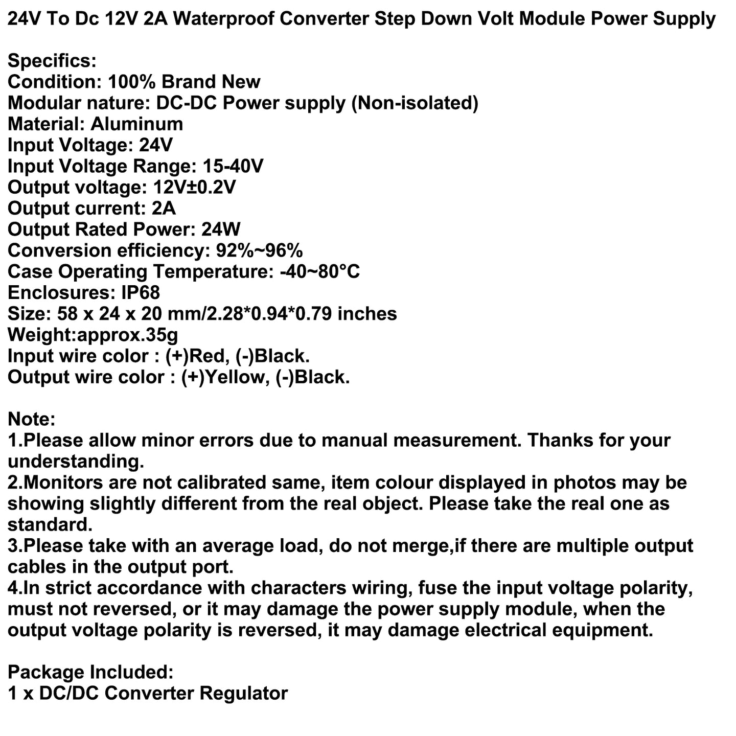 DC Buck Converter 24V to 12V 1/2/3/5A Waterproof Power Supply Module, 24V-12V-2A