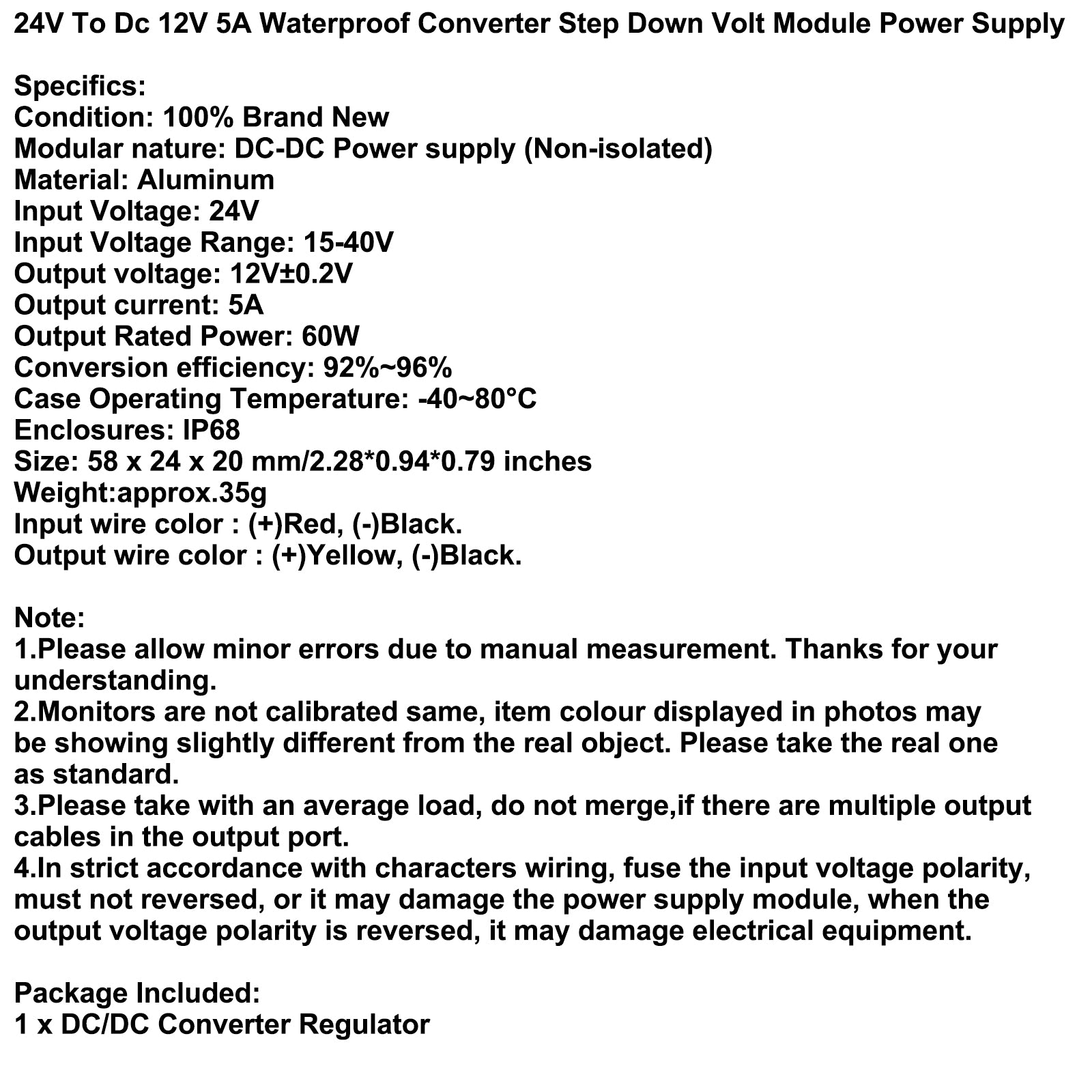 DC Buck Converter 24V to 12V 1/2/3/5A Waterproof Power Supply Module, 24V-12V-5A