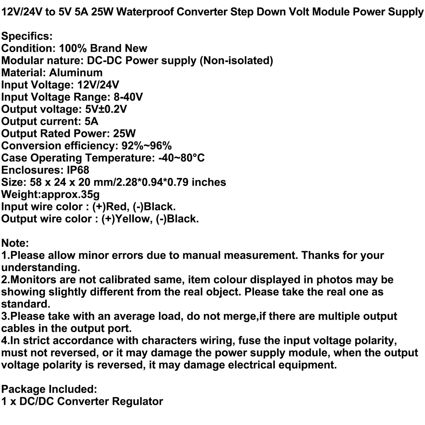 1~5A Waterproof DC/DC Converter Power Supply Regulator 12V/24V Step Down To 5V, 12/24V-5V-5A
