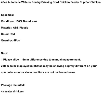 4Pcs Automatic Waterer Poultry Drinking Bowl Chicken Feeder Cup For Chicken