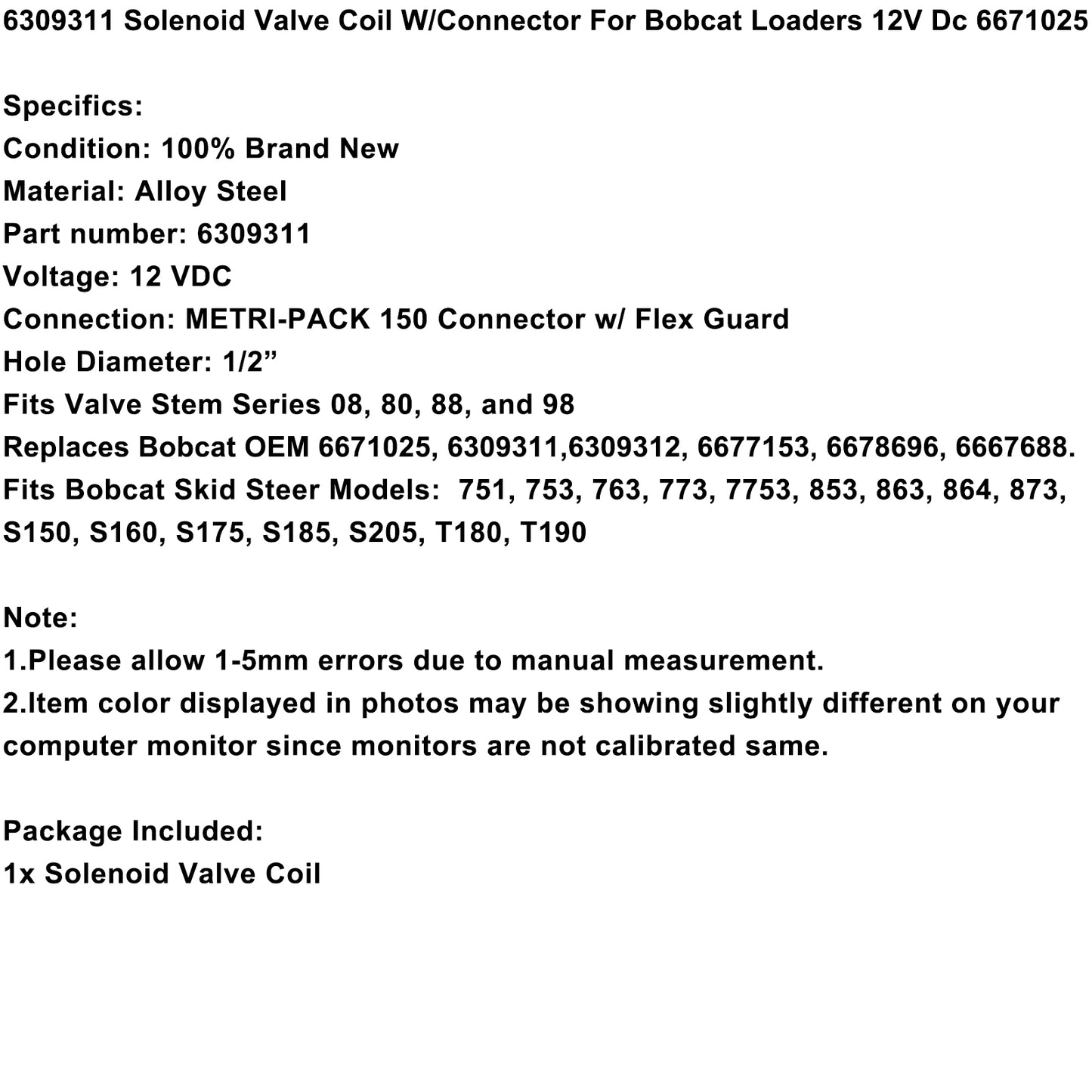 6309311 Solenoid Valve Coil W/Connector For Bobcat Loaders 12V Dc 6671025 Generic