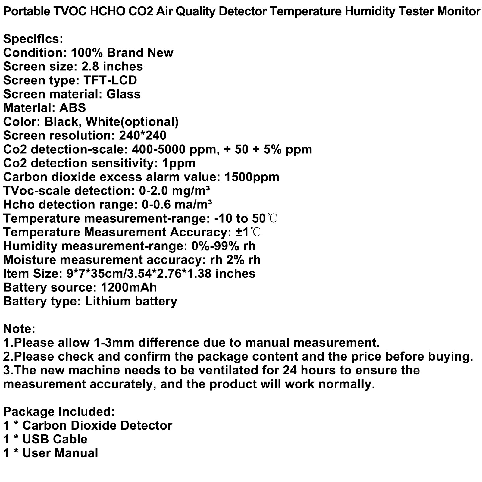 Portable TVOC HCHO CO2 Air Quality Detector Temperature Humidity Tester Monitor