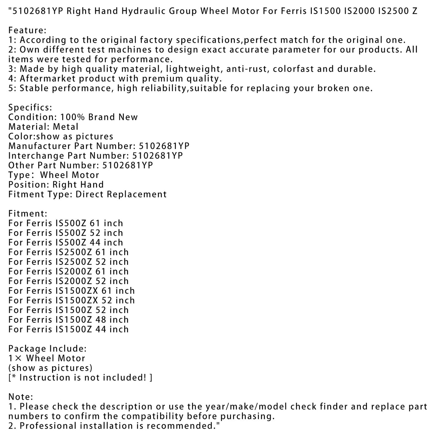 Premium Aftermarket Wheel Motor 5102681YP for Ferris IS1500Z/IS2000Z Right Side