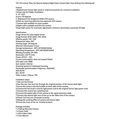 120°HD License Plate Car Rear View Reverse Backup Camera Night Vision Waterproof