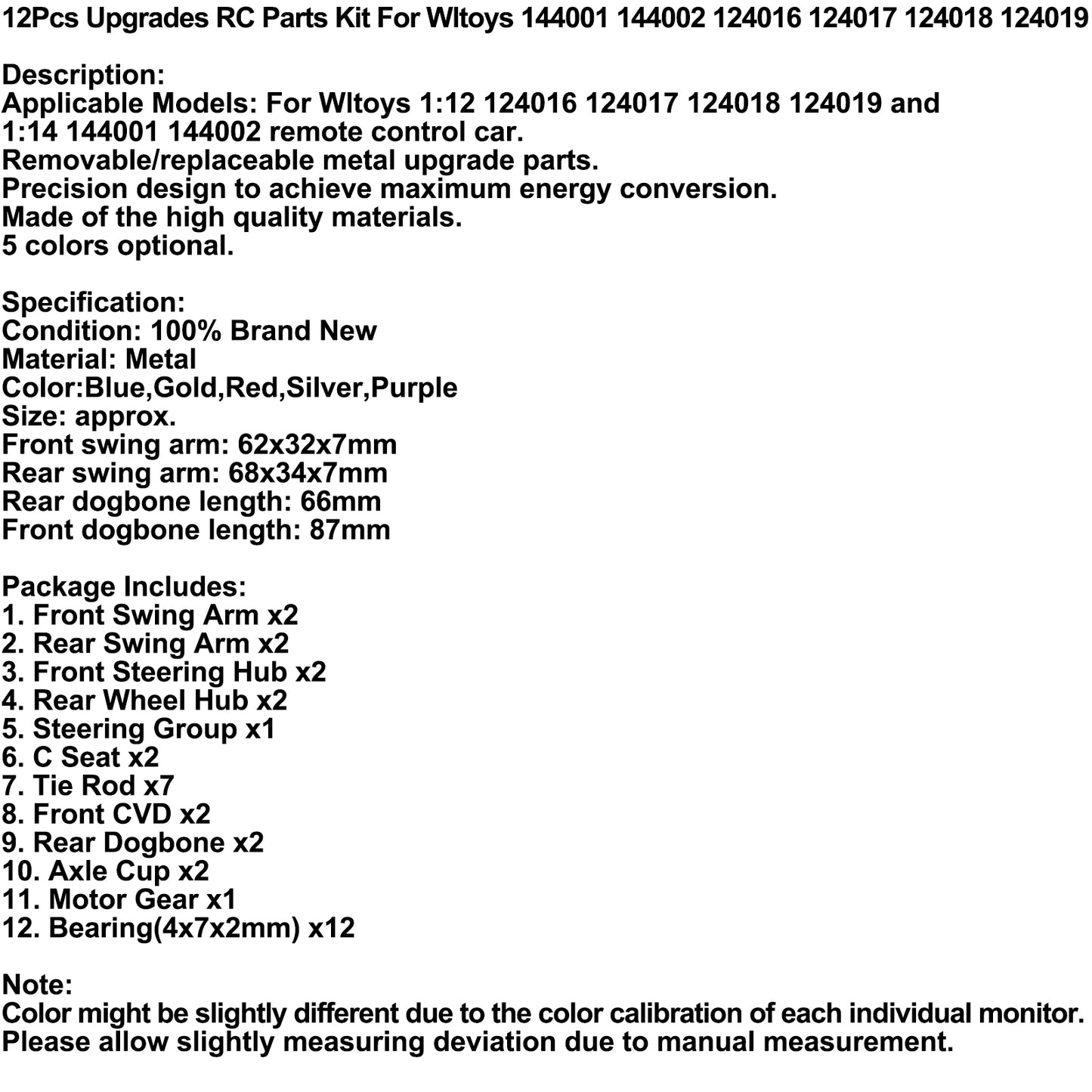 12Pcs Upgrades RC Parts Kit For Wltoys 144001 144002 124016 124017 124018 124019