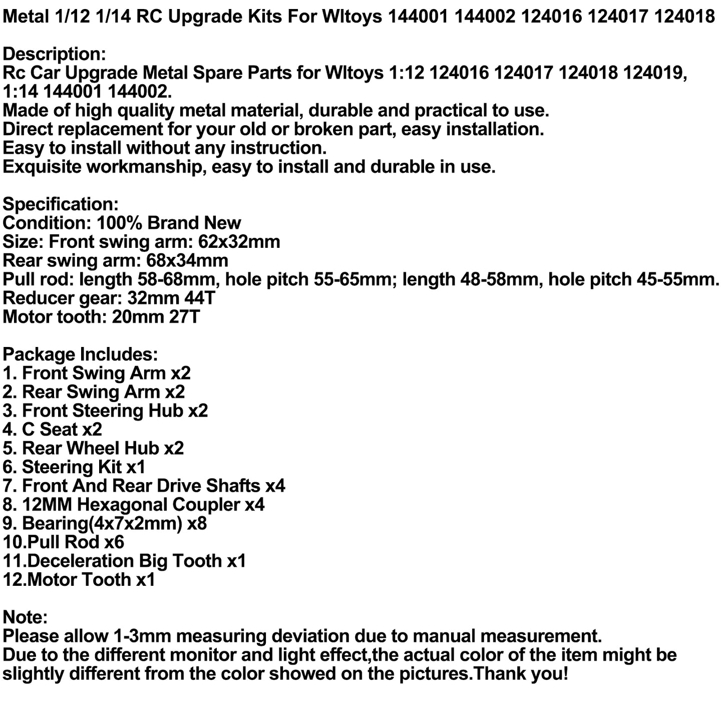 Metal 1/12 1/14 RC Upgrade Kits For Wltoys 144001 144002 124016 124017 124018