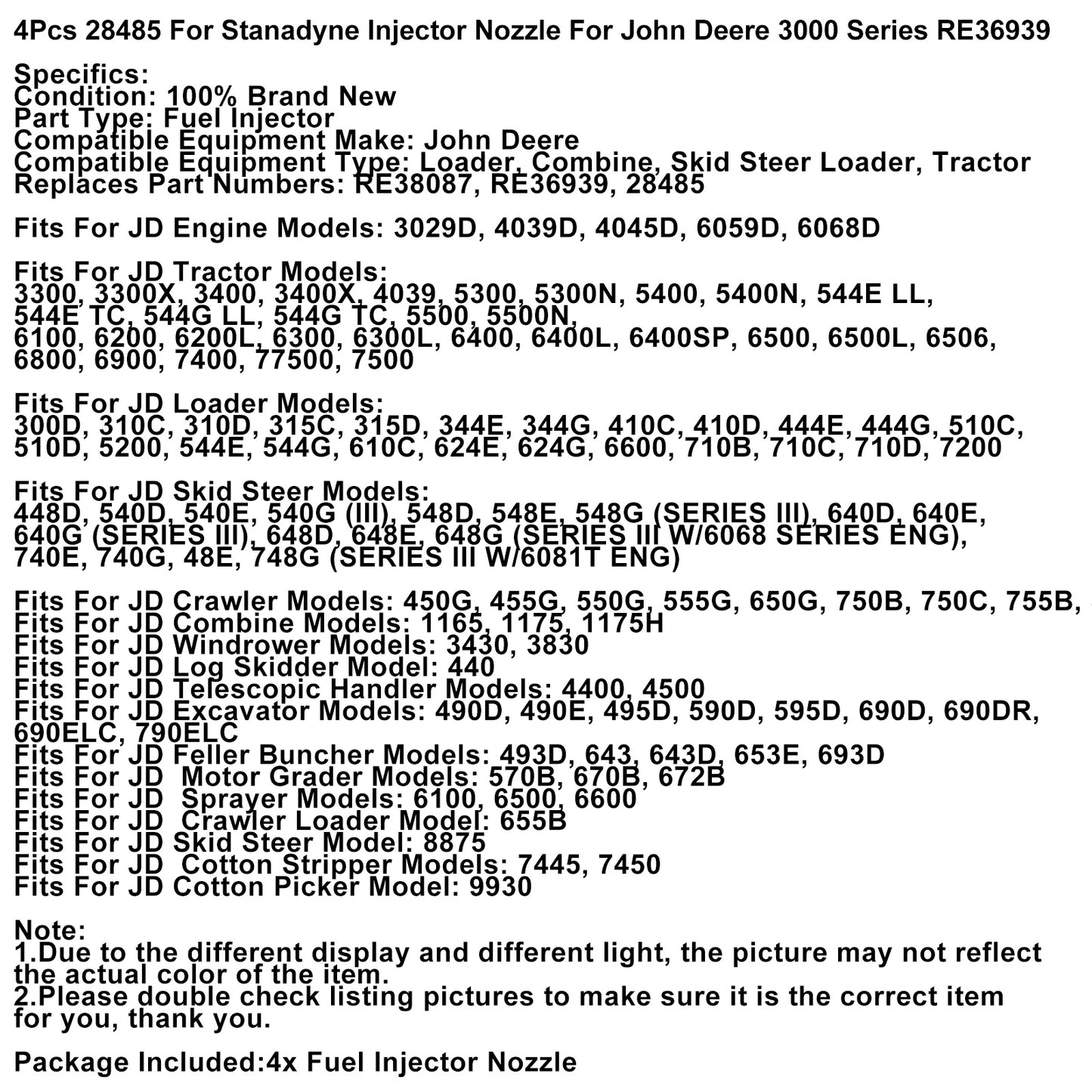 1/2/4Sets Fuel Injector RE36939 For John Deere 3029D 4039D 4045D 6059D 6068