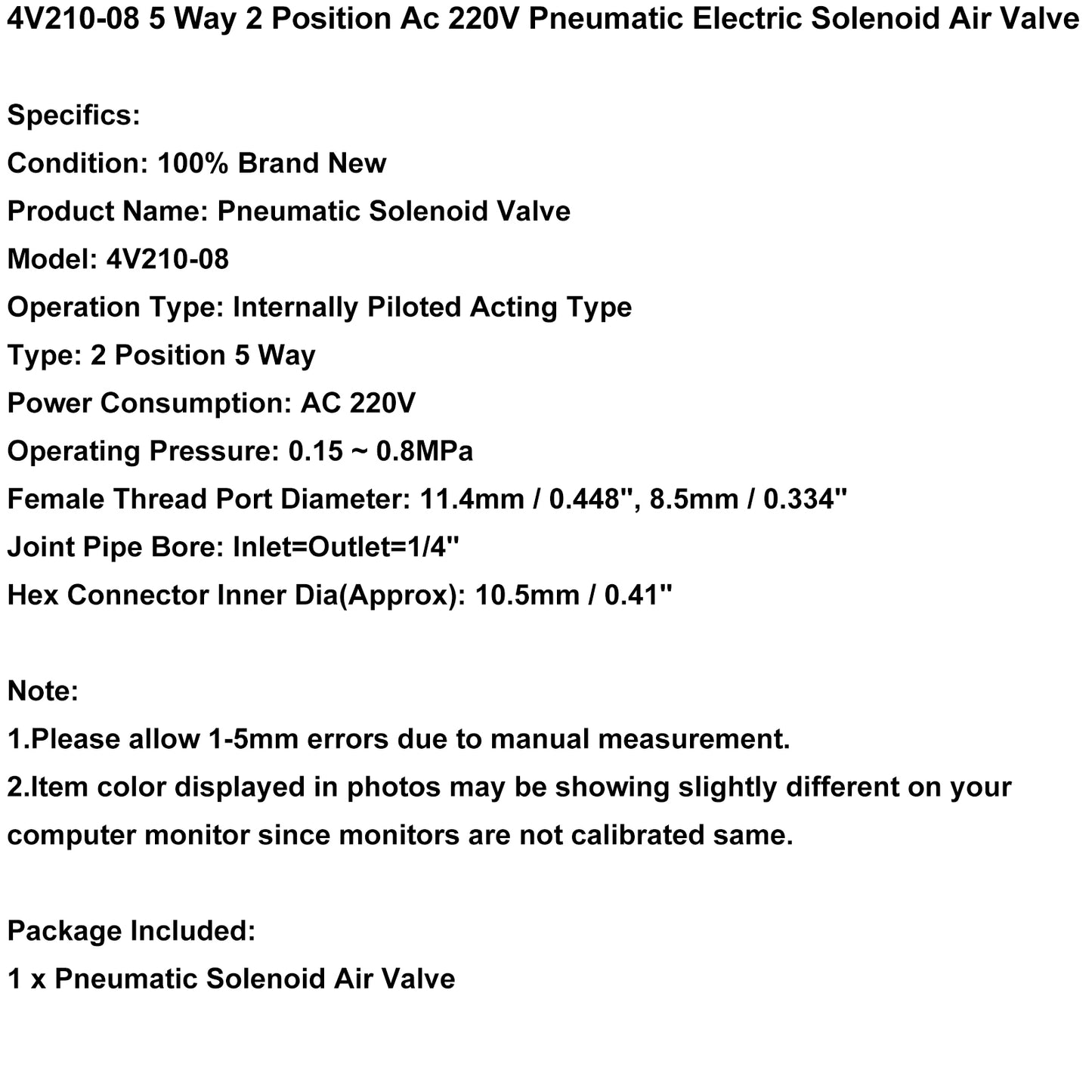 Pneumatic Electric Solenoid Air Valve 4V210-08 Ac220V 2 Position 5 Way PT 1/4 UE