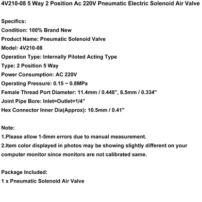Pneumatic Electric Solenoid Air Valve 4V210-08 Ac220V 2 Position 5 Way PT 1/4 UE