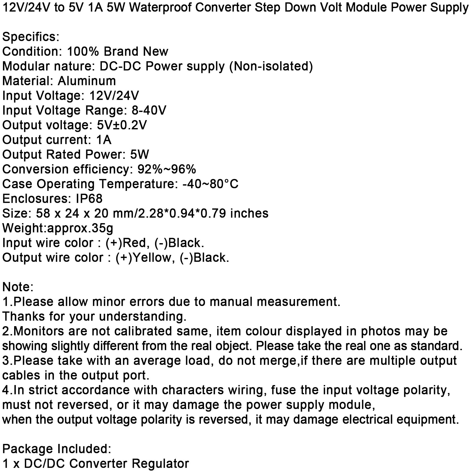 1~5A Waterproof DC/DC Converter Power Supply Regulator 12V/24V Step Down To 5V, 12/24V-5V-1A
