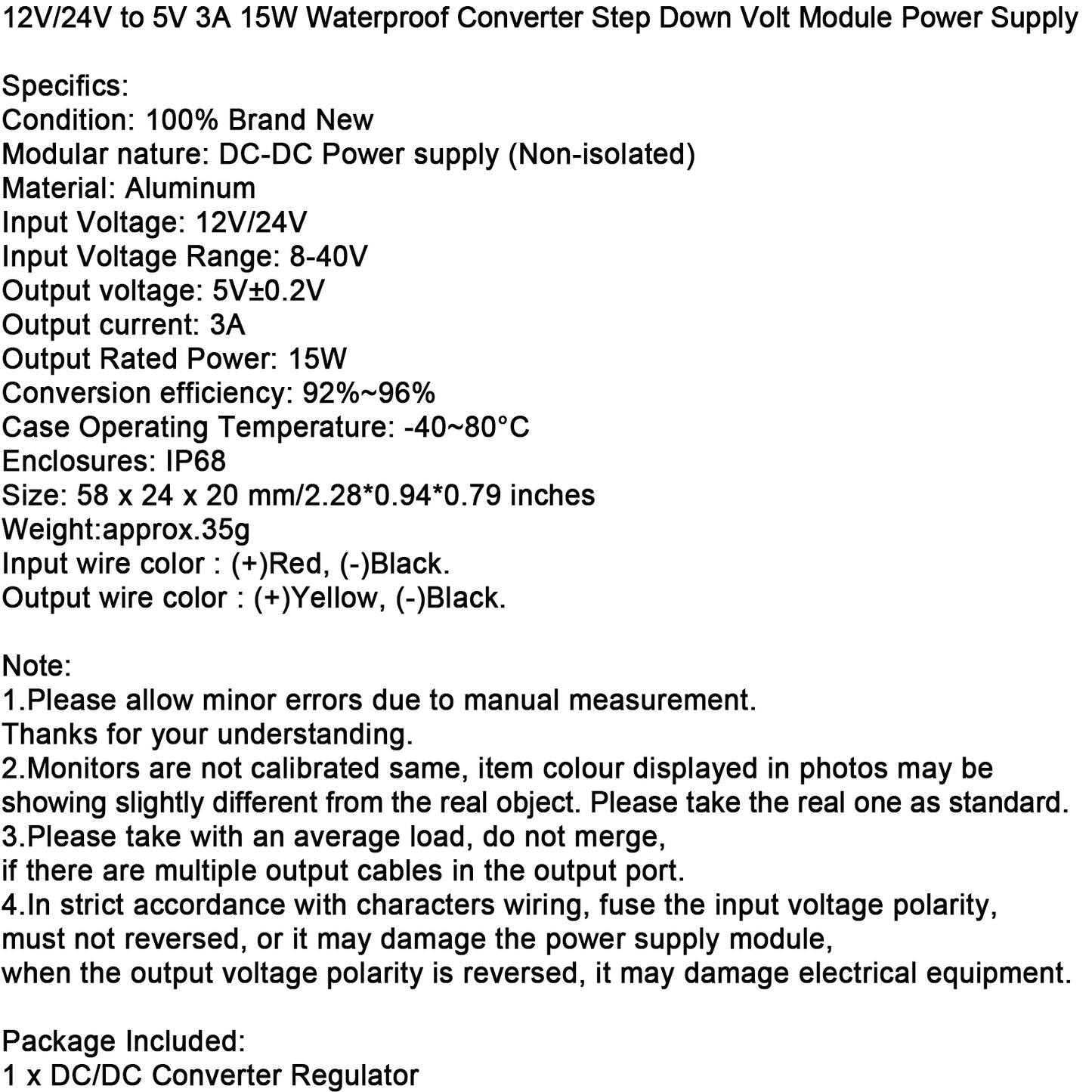 12V/24V to 5V 3A 15W Waterproof Converter Step Down Volt Module Power Supply