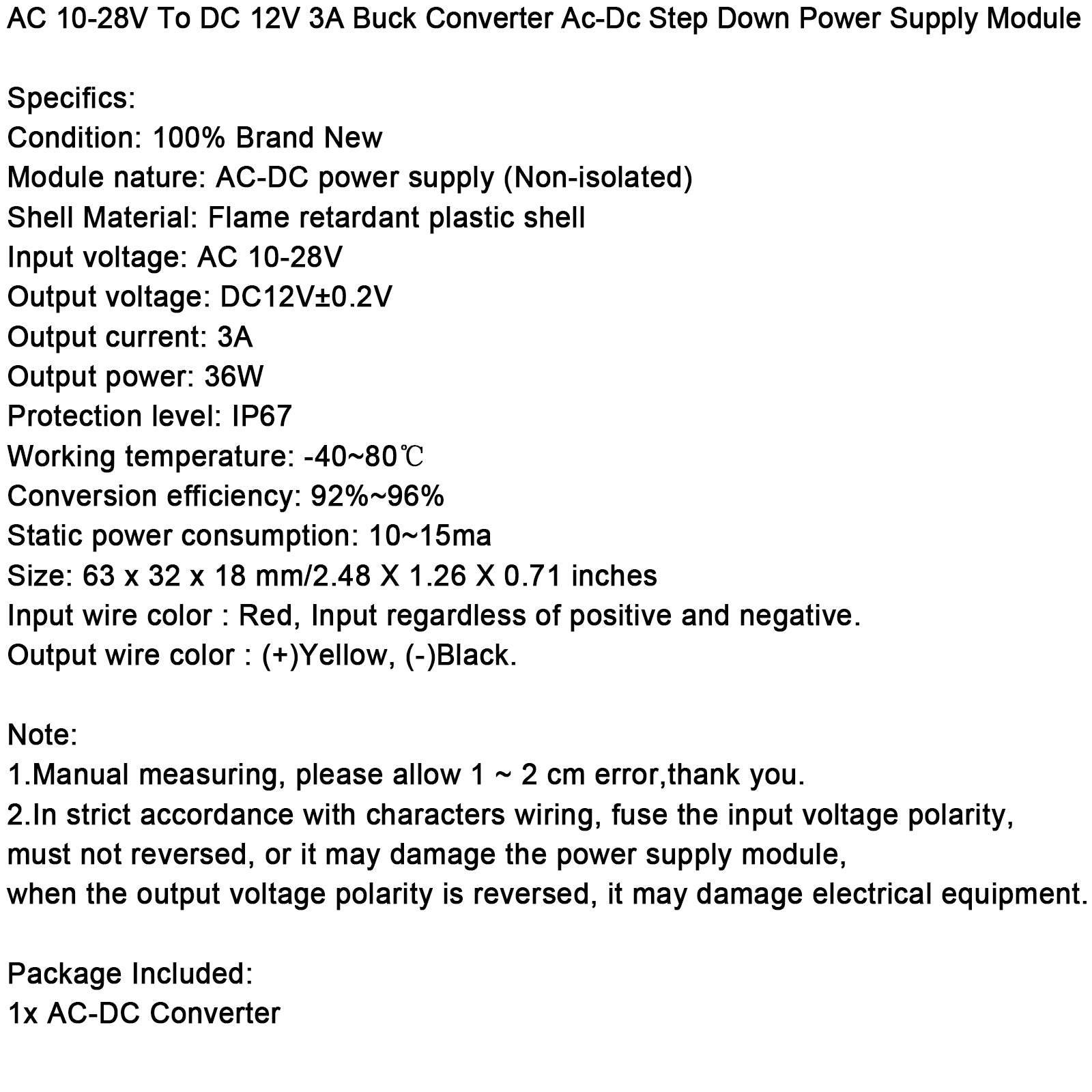 AC-DC Power Supply AC10-28V To DC12V 3A/5A Power Module Power Converter, 3A No Connector
