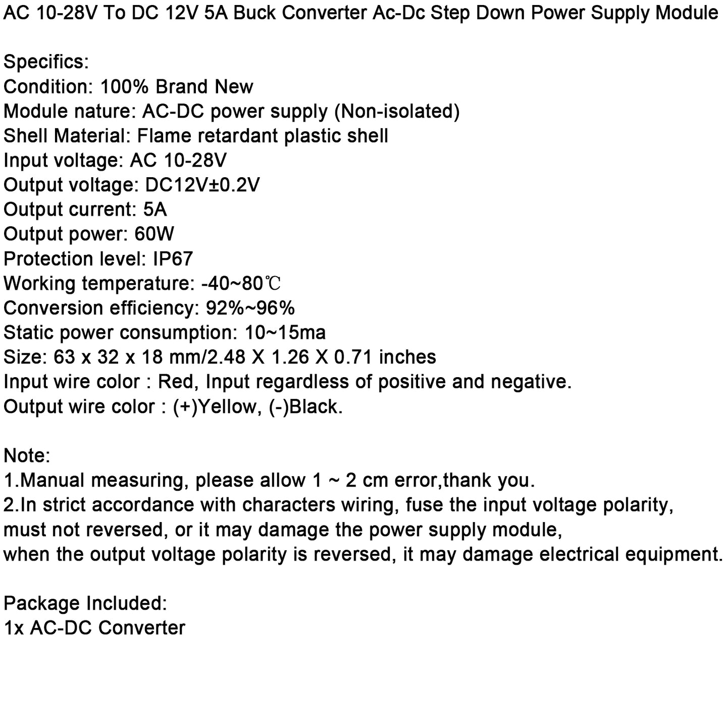 AC-DC Power Supply AC10-28V To DC12V 3A/5A Power Module Power Converter, 5A No Connector