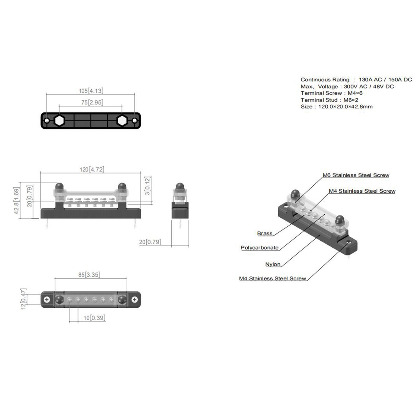 6 Way 12V Rated Bus Bar Power Distribution Terminal Block For Auto Marine Black
