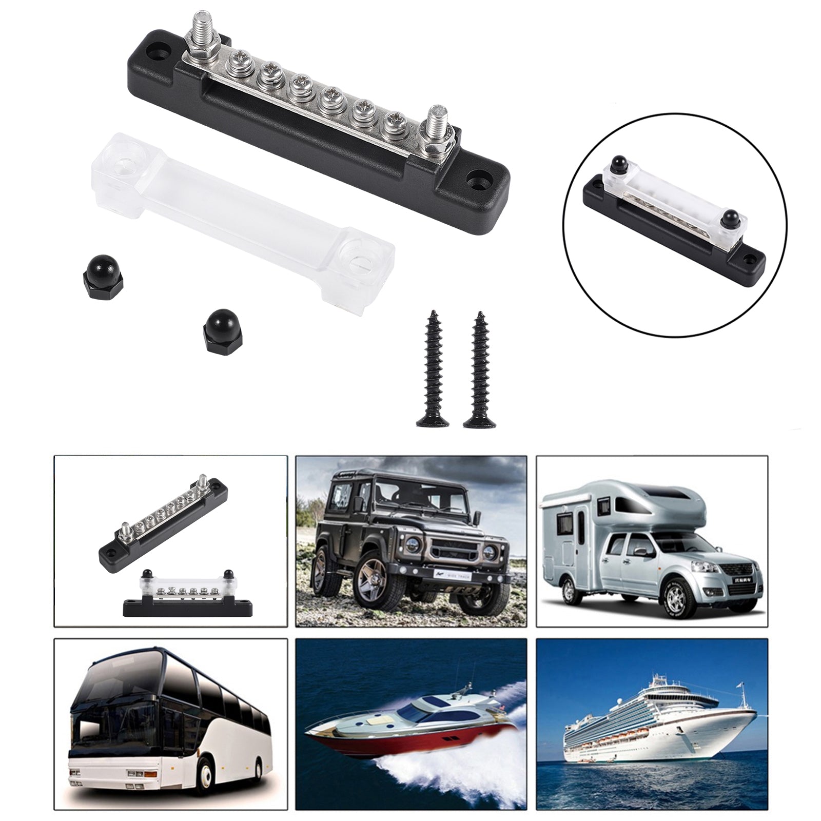 6 Way 12V Rated Bus Bar Power Distribution Terminal Block For Auto Marine Black