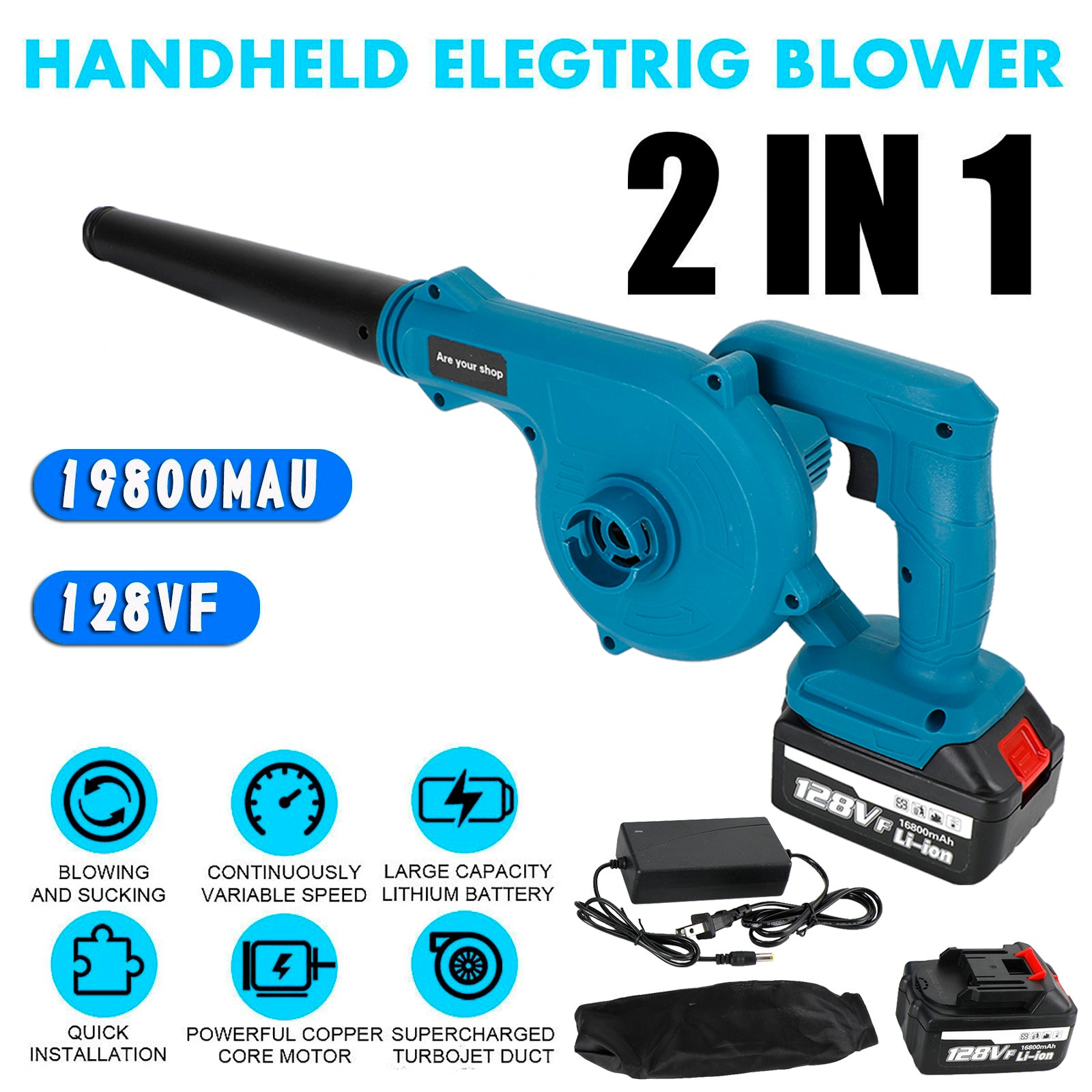 128VF 2-in-1 Cordless Leaf Blower & Vacuum Kit with 2 Batteries & Charger, Brushless Motor for Yard Cleanup