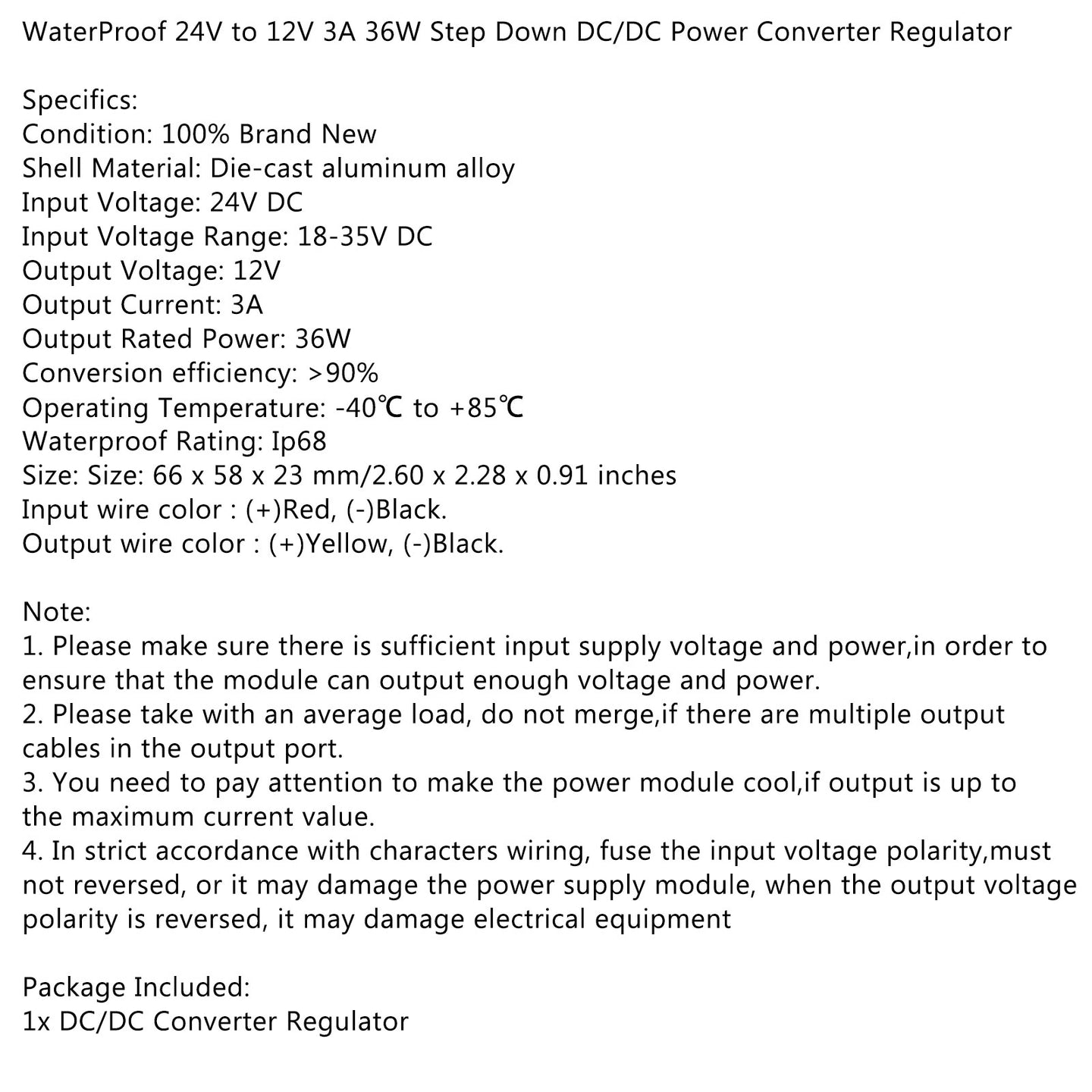 WaterProof 24V to 12V 3A 36W Step Down DC/DC Power Converter Regulator