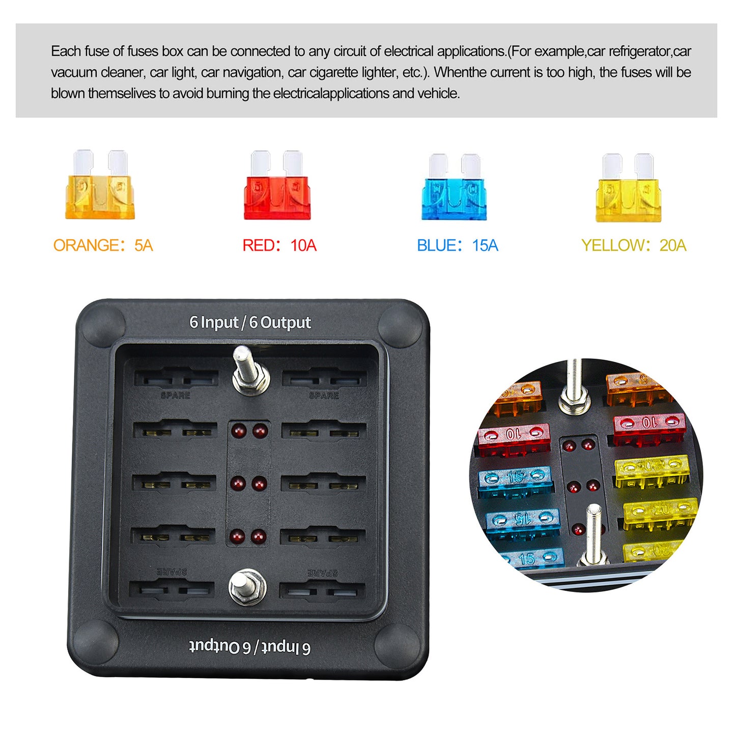 6-Way One in Six out Blade Fuse Box Block Holder ATO ATC for Car Marine Boat RV