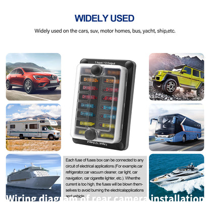 12-Way One in Twelve out Blade Fuse Box Block Holder ATO ATC for Car Marine Boat