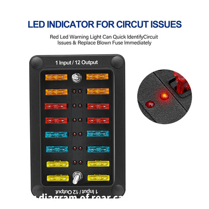 12-Way One in Twelve out Blade Fuse Box Block Holder ATO ATC for Car Marine Boat