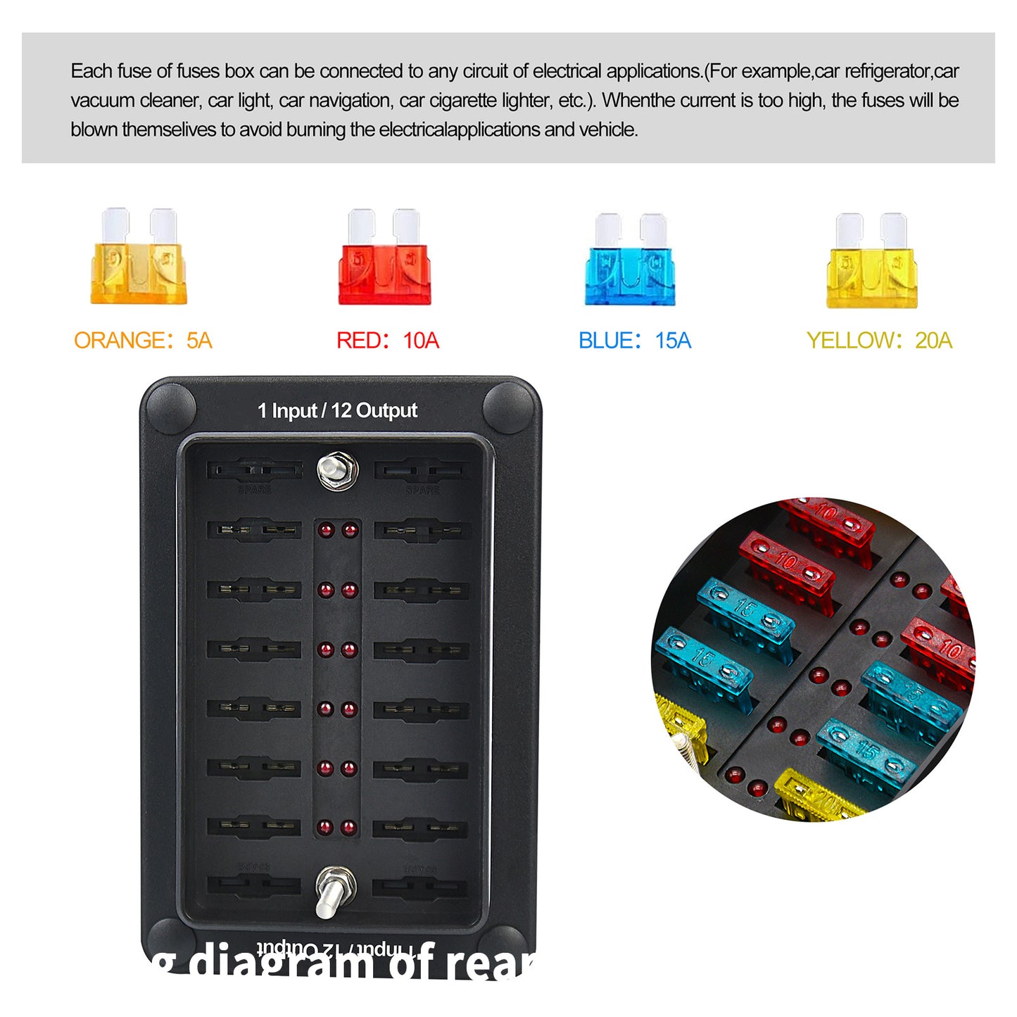 12-Way One in Twelve out Blade Fuse Box Block Holder ATO ATC for Car Marine Boat