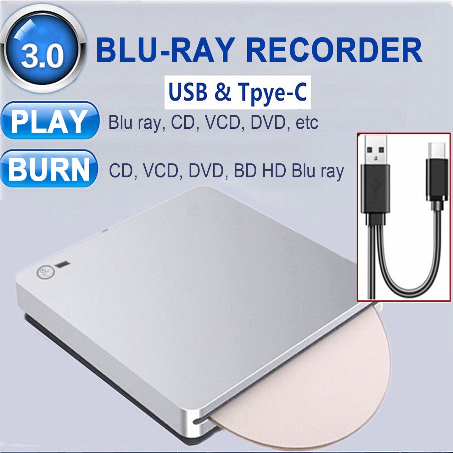 Slot-In USB 3.0 External Blu-Ray Burner, Slim BD/DVD/CD Writer & 3D Player for Mac & PC (Silver)