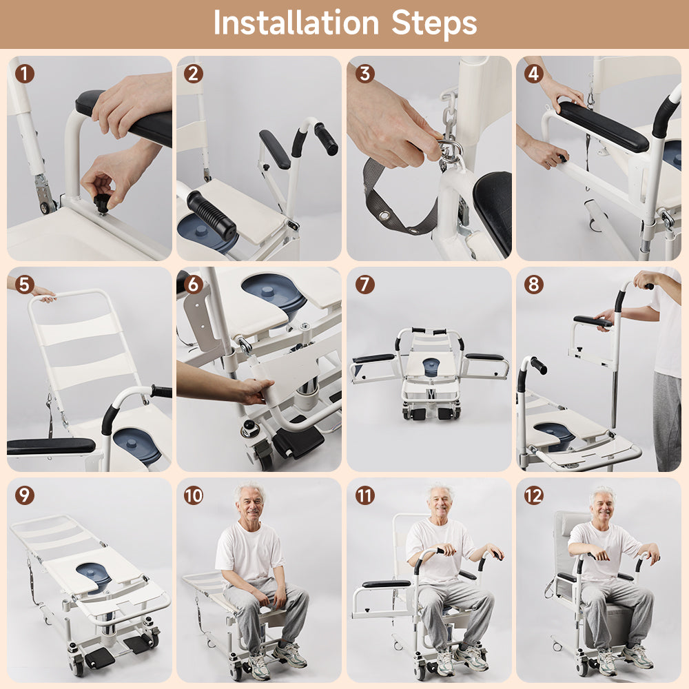 4-in-1 Lift Wheelchair, Waterproof, Shower/Toilet/Transfer, 150 kg Capacity