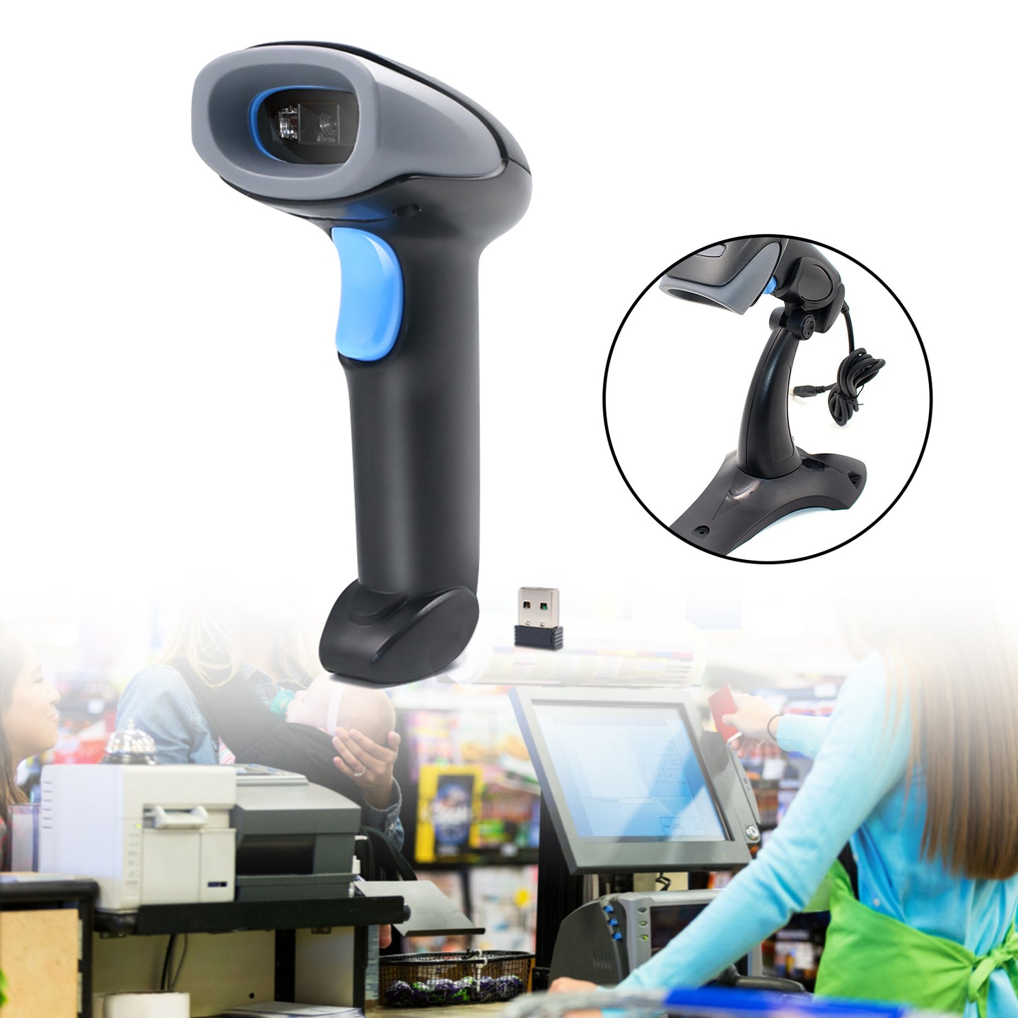WM930 USB Wireless 2D+1D Laser Scanner Bar Code Reader Handheld Gun with Stand