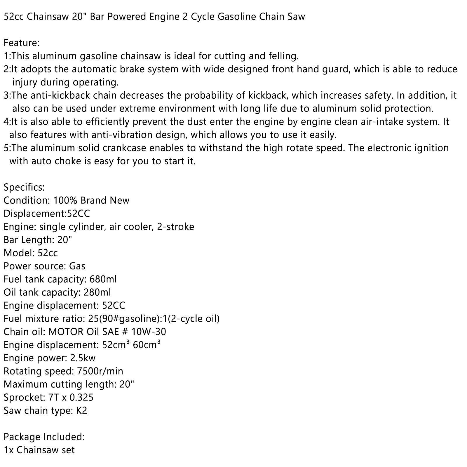20" Gasoline Chainsaw a€?Engine 2 Cycl 52 Cc, 2 KW- Sawing Cutting Pruning and Trimming Wood