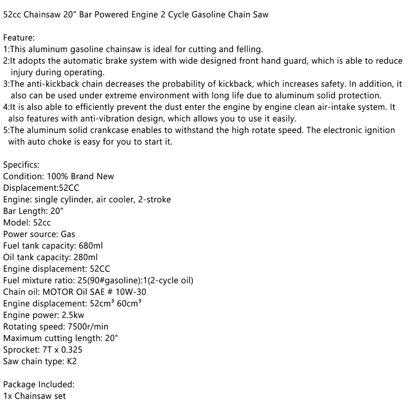 20" Gasoline Chainsaw a€?Engine 2 Cycl 52 Cc, 2 KW- Sawing Cutting Pruning and Trimming Wood