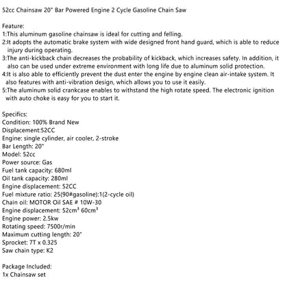 52CC Gas Chainsaw with 20-Inch Bar, 2.5kW 2-Stroke Engine for Tree Cutting & Firewood