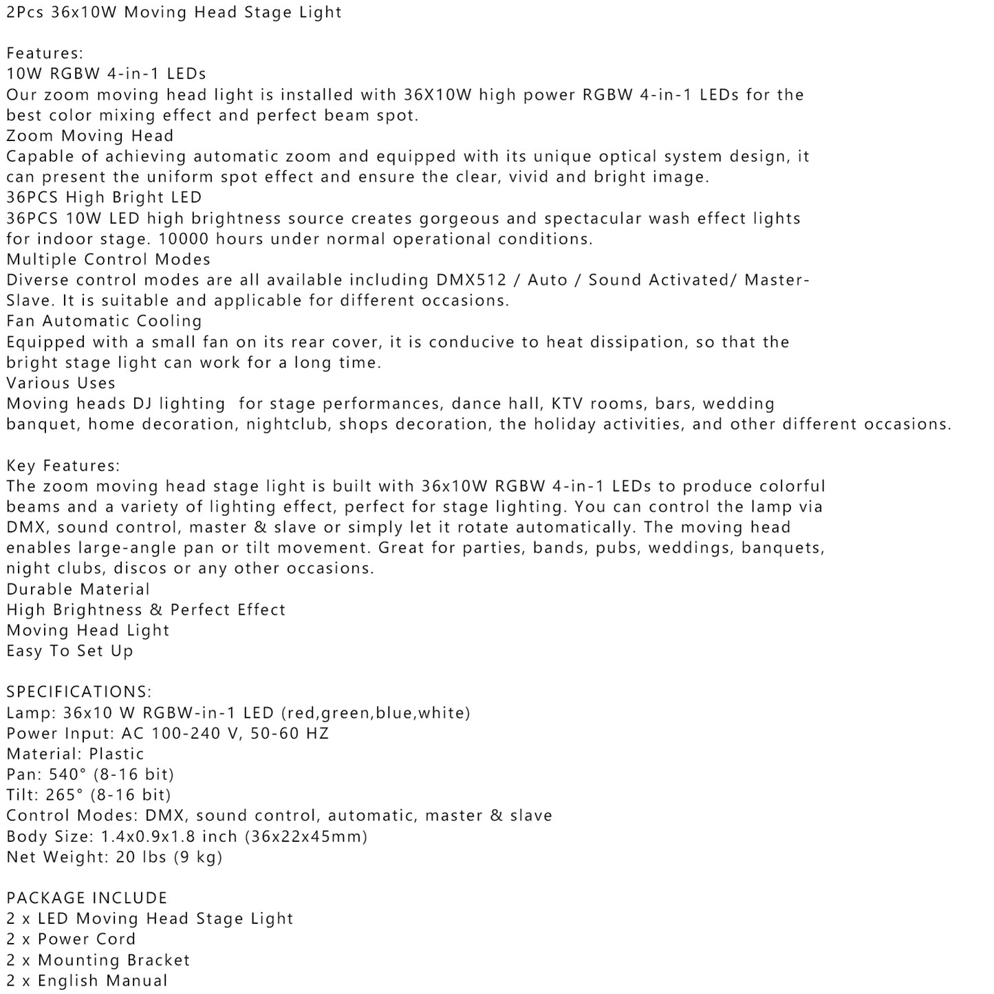 2Pcs 36 x 10W RGBW 4in1 LED Zoom Moving Head 360W Wash Stage Light DMX 15CH (Copy)