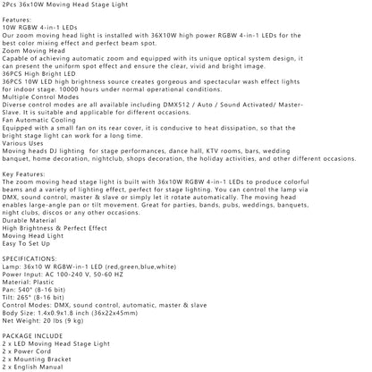 2Pcs 36 x 10W RGBW 4in1 LED Zoom Moving Head 360W Wash Stage Light DMX 15CH (Copy)