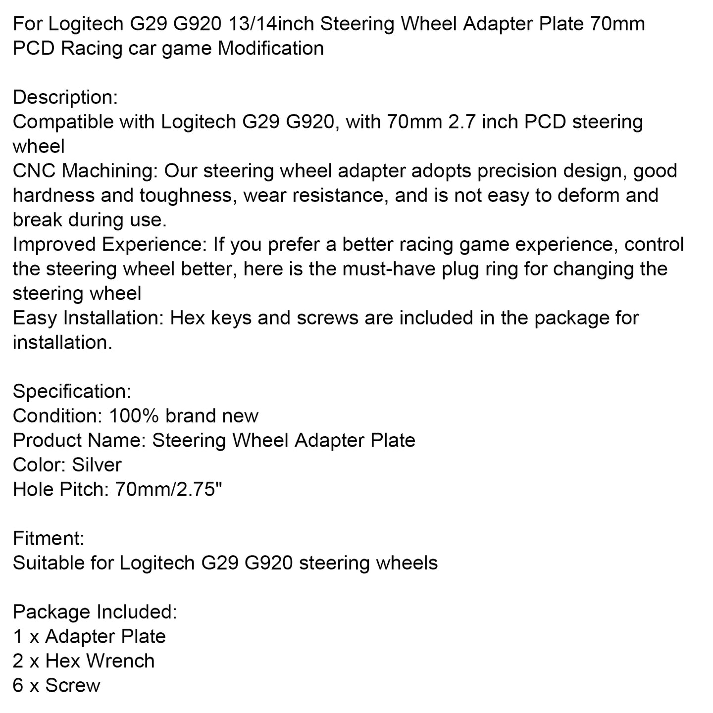 70MM Steering Wheel Adapter Plate For Logitech G29 G920 13/14inch Steering Wheel