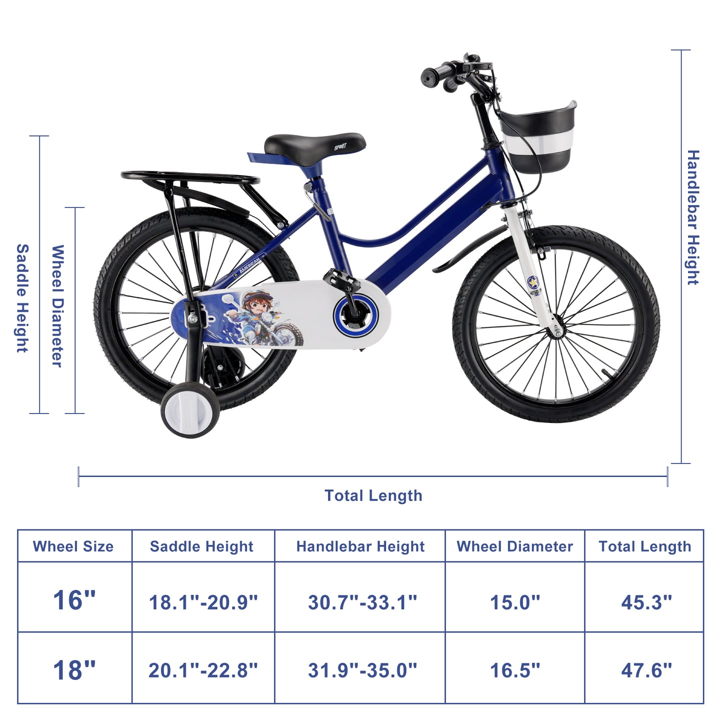 16" Kids Bike for Boys and Girls with auxiliary wheels & Rack Dark Blue