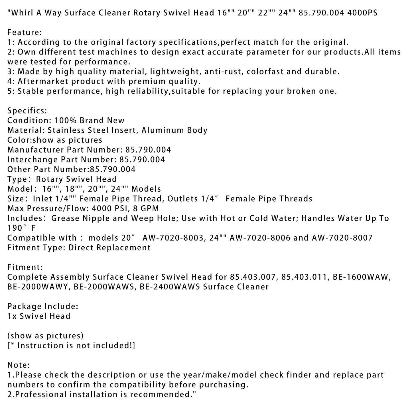 4000 PSI Pressure Washer Swivel Head Stainless Aluminum Build