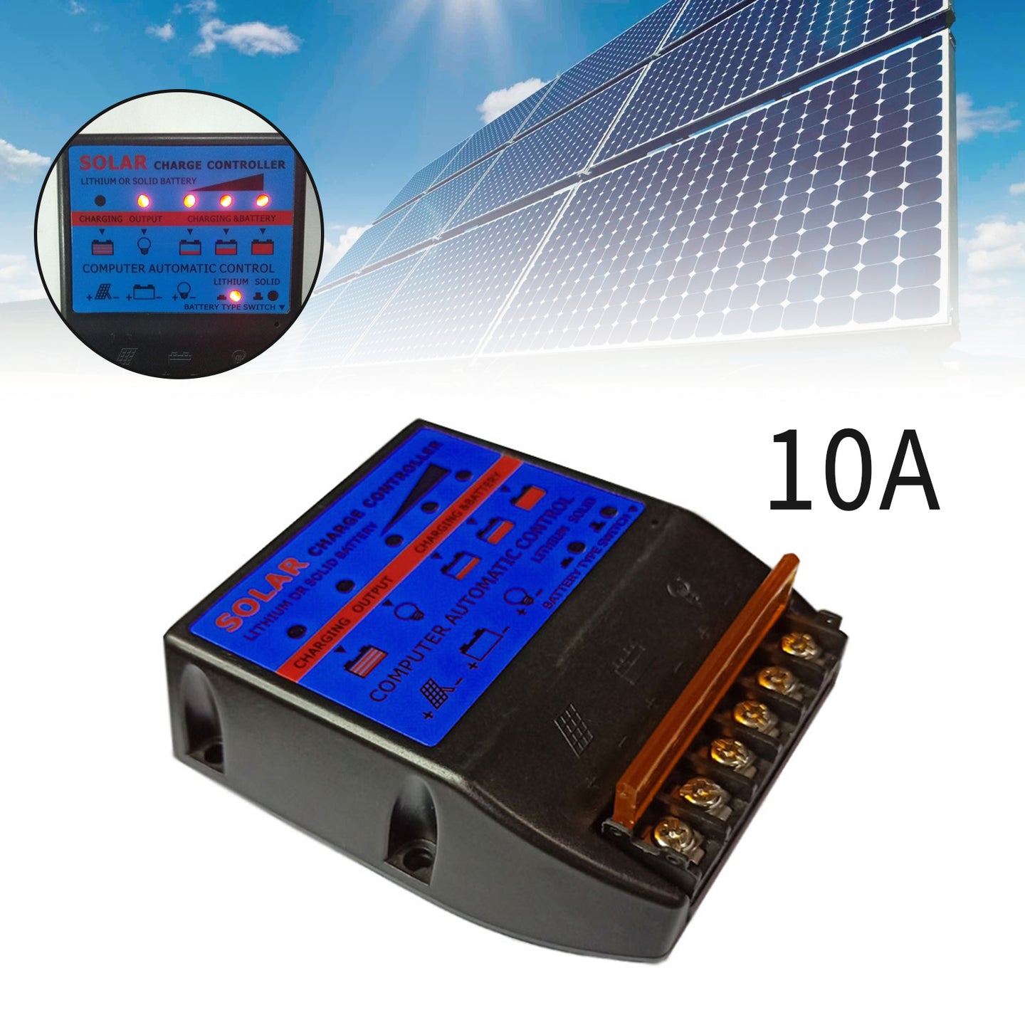 Solar Charge Controller PWM 10A 12V Solar Panel Battery Control Adapter Blue
