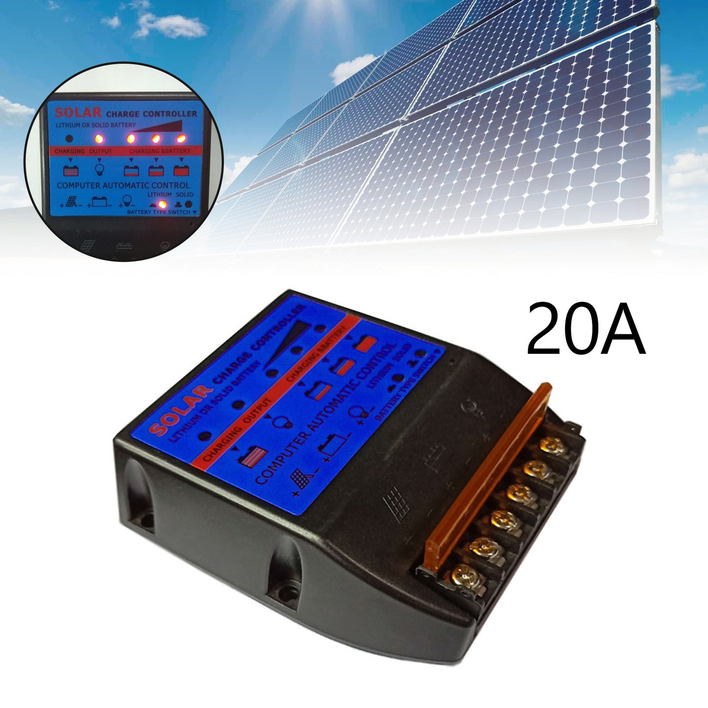 Solar Charge Controller PWM 20A 12V Solar Panel Battery Control Adapter Blue