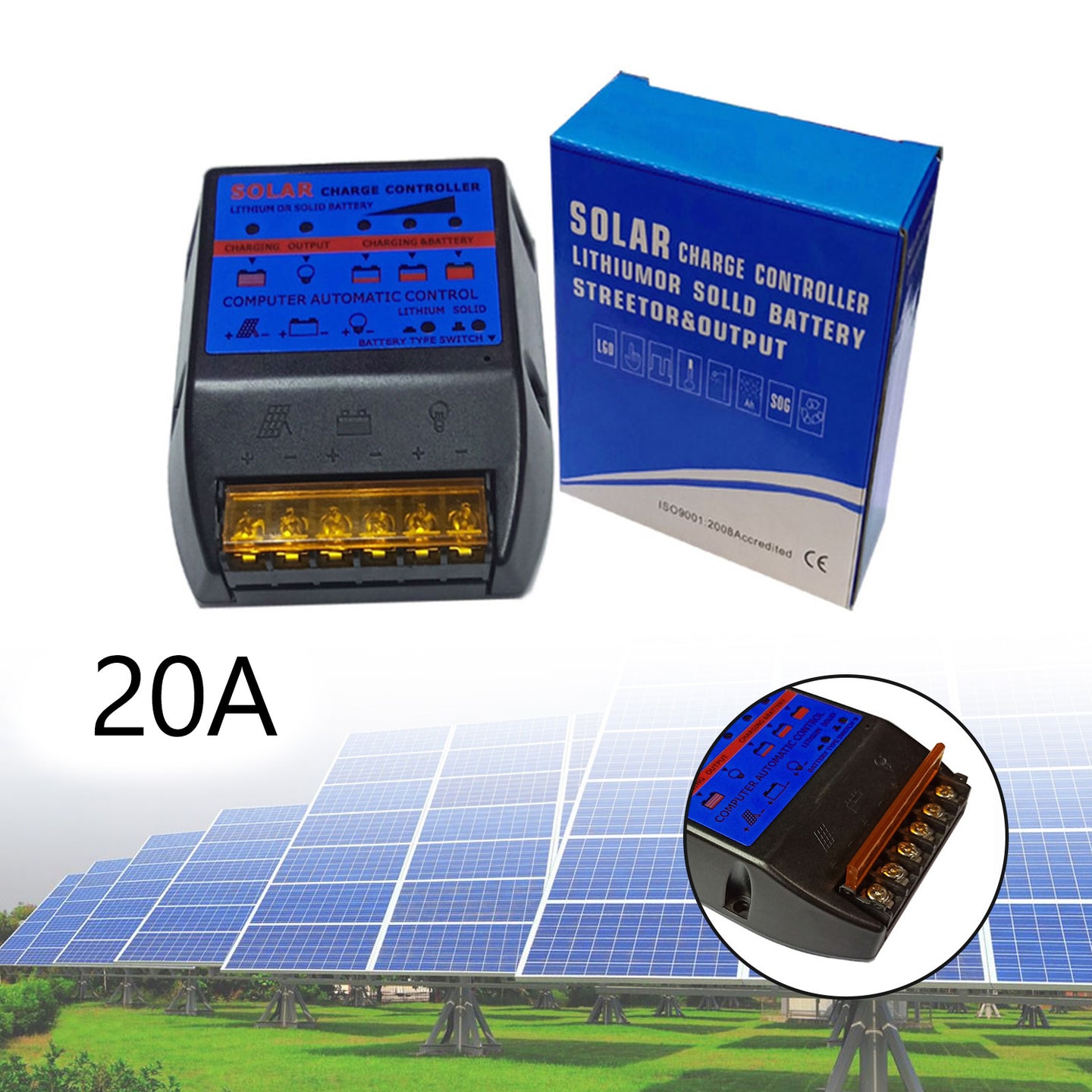 Solar Charge Controller PWM 20A 12V Solar Panel Battery Control Adapter Blue