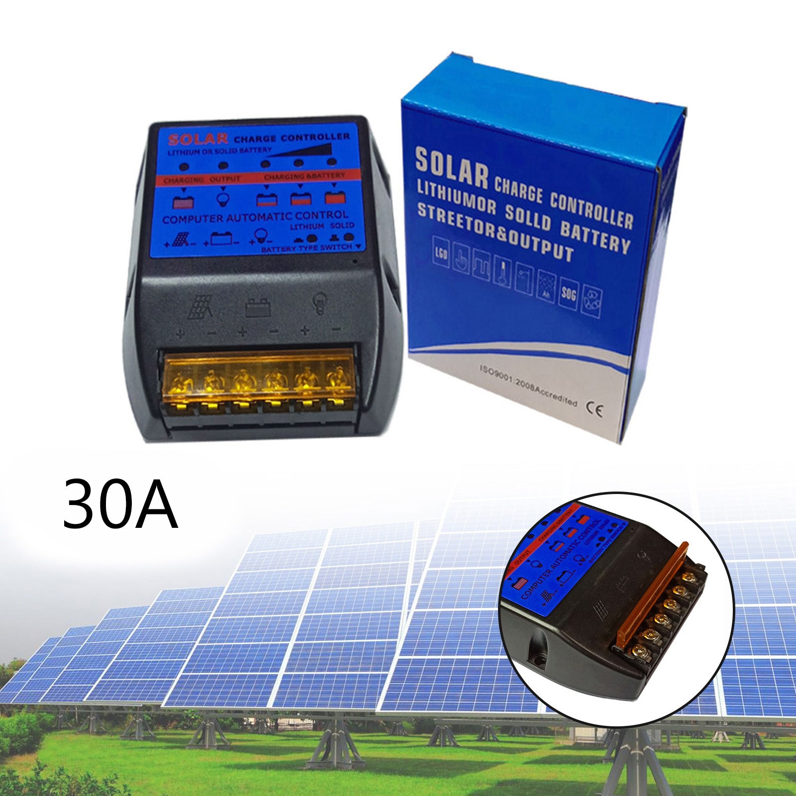 Solar Charge Controller PWM 30A 12V Solar Panel Battery Control Adapter Blue