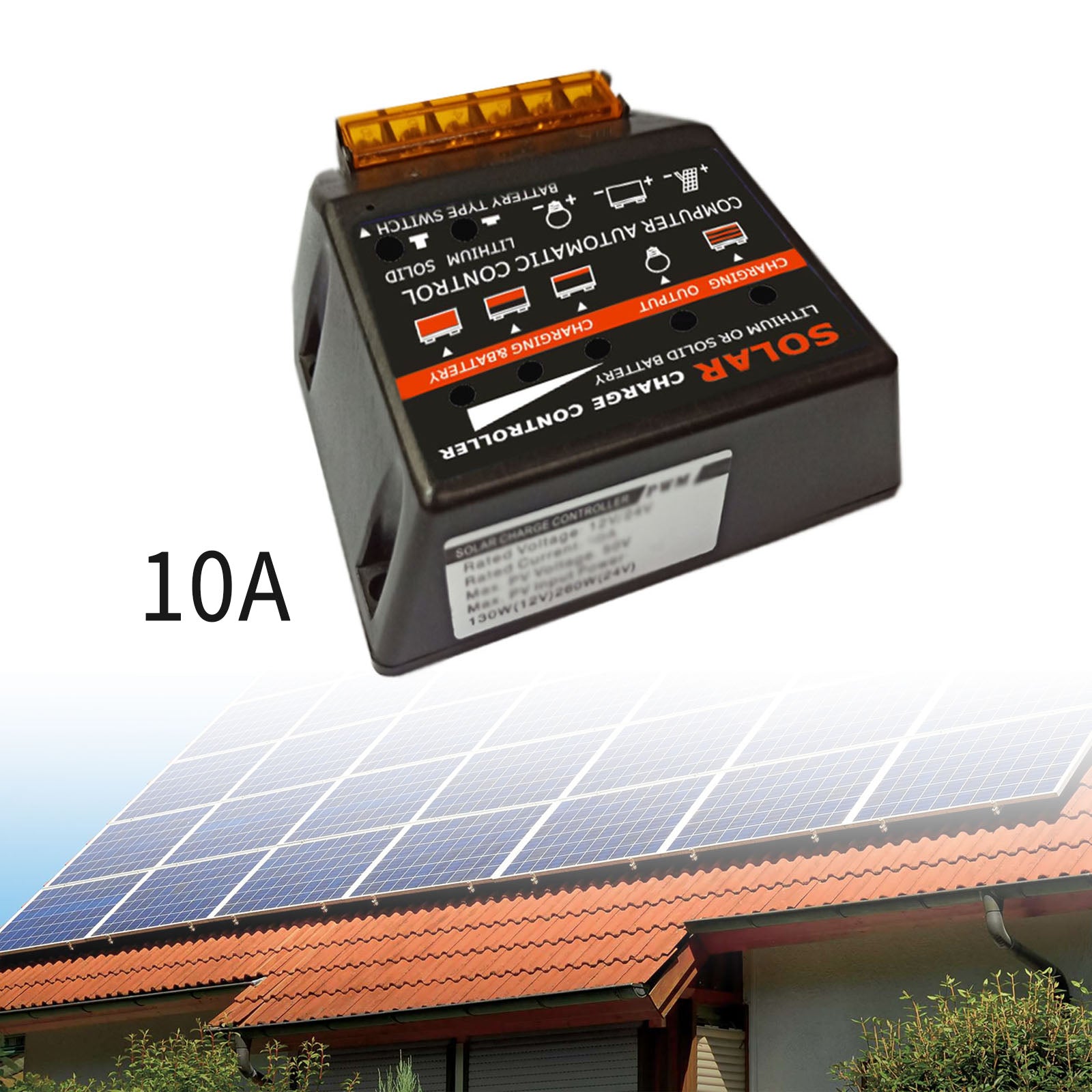 Solar Charge Controller PWM 10A 12V Solar Panel Battery Control Adapter Black