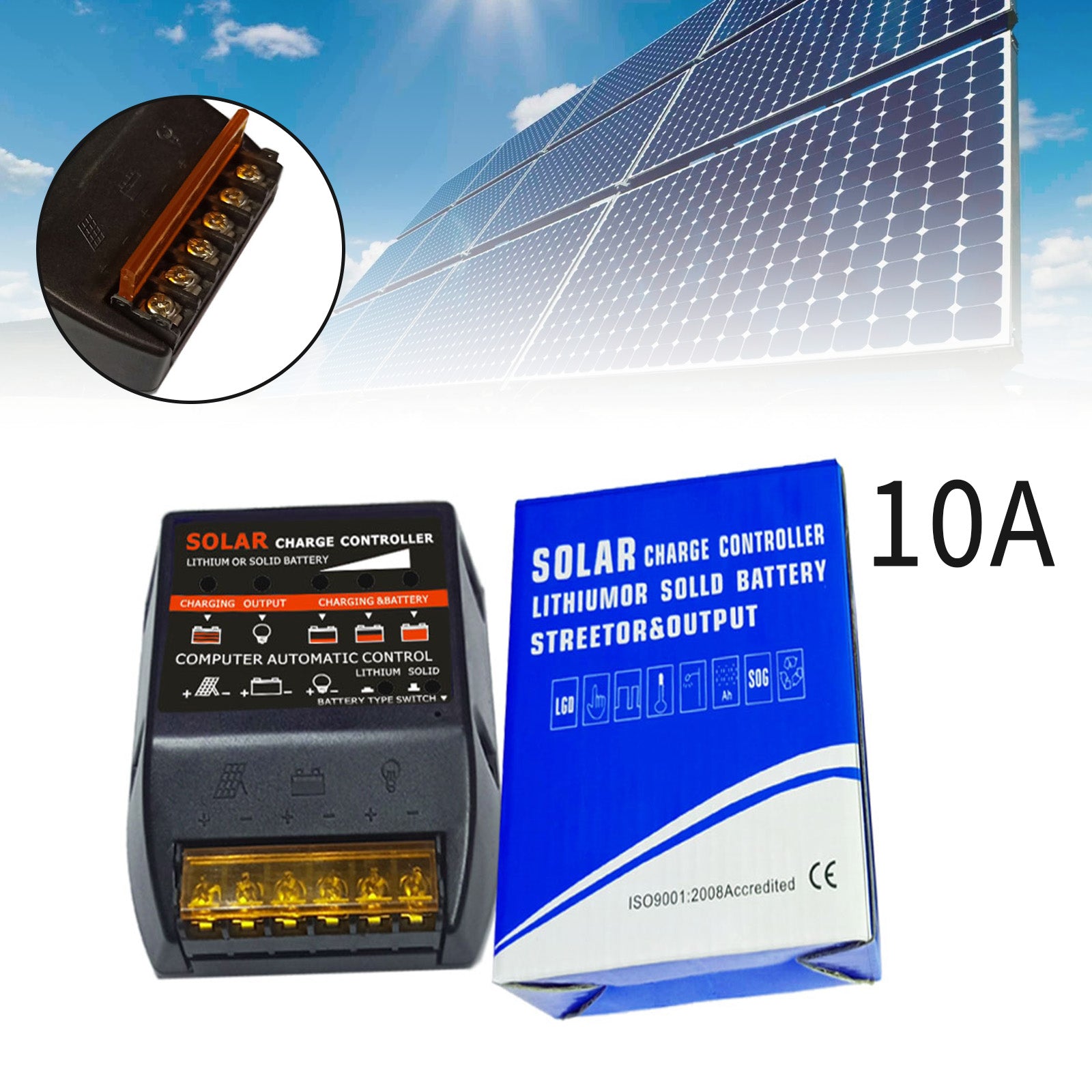 Solar Charge Controller PWM 10A 12V Solar Panel Battery Control Adapter Black
