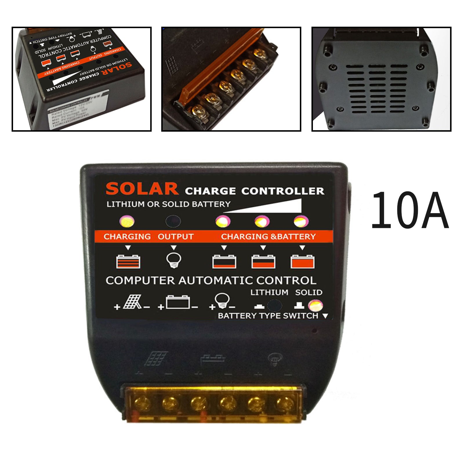 Solar Charge Controller PWM 10A 12V Solar Panel Battery Control Adapter Black